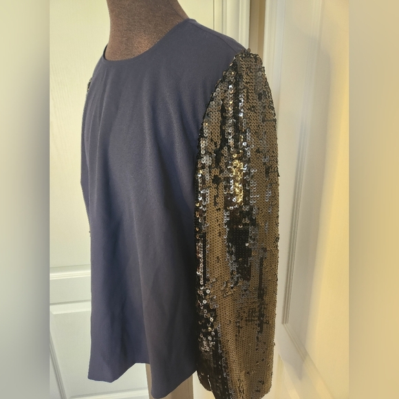 J. Crew Navy Top with Black Sequin Sleeve Size Medium - Picture 3 of 7